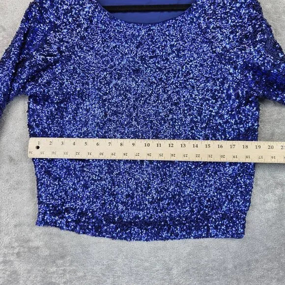 alice + olivia Shirt Womens Small Blue Sequin Silk Long Sleeve Top Party Dressy